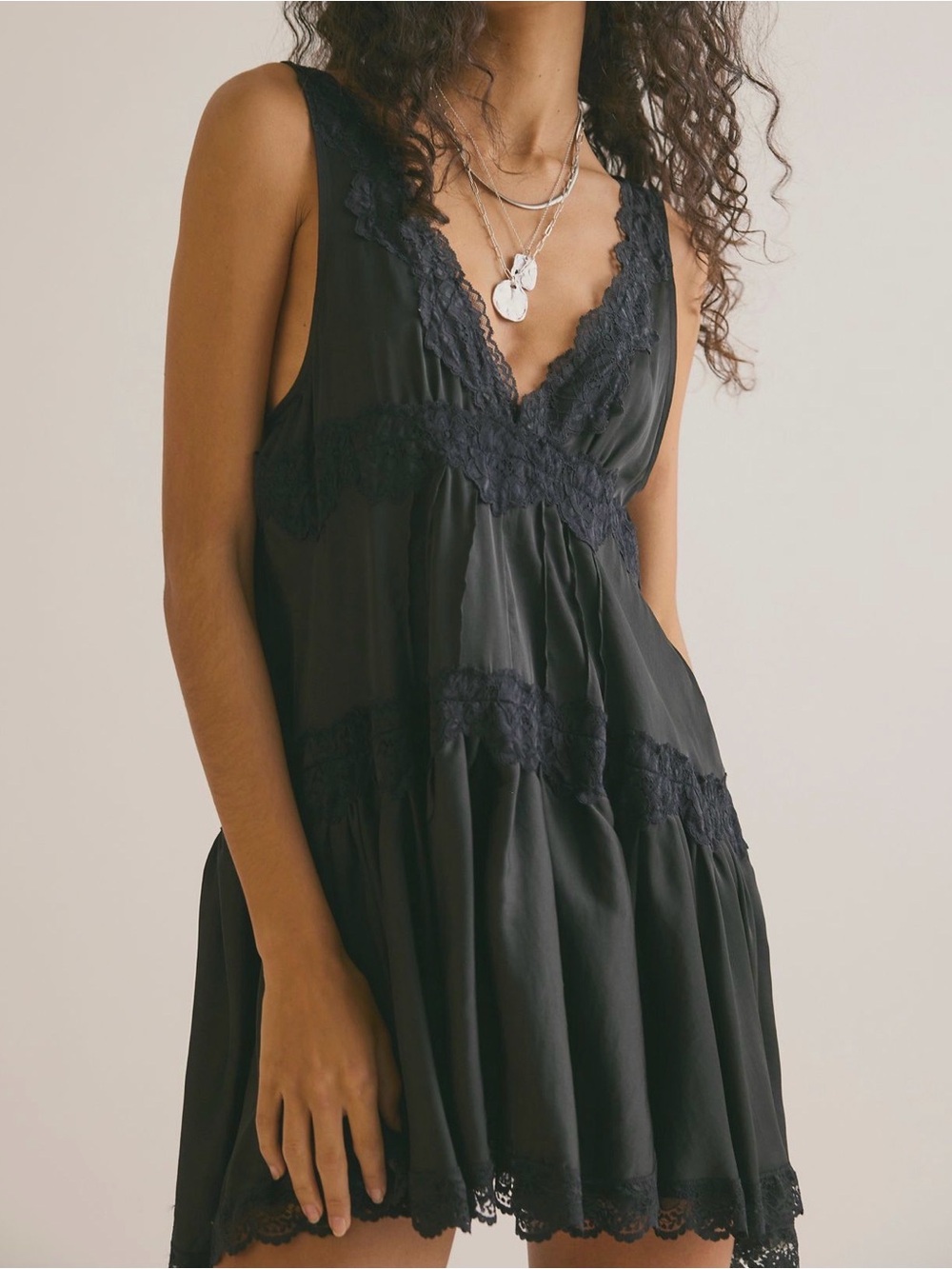 Free People Black Lace-Trim Slip Dress